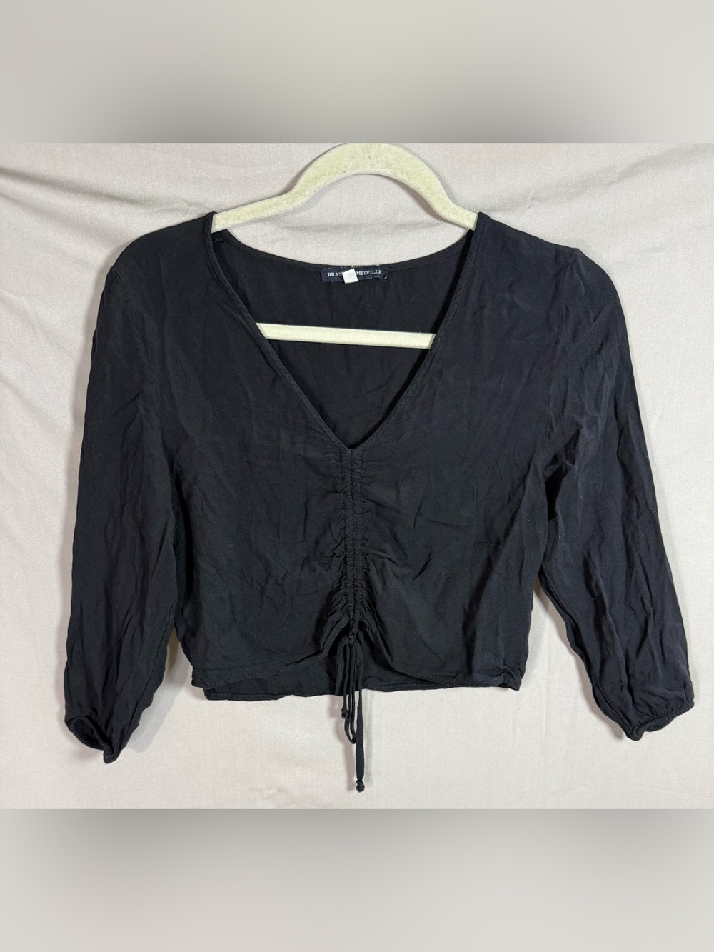 Brandy Melville Black Ruched Crop Top Long Sleeve Boho Peasant XS Italy